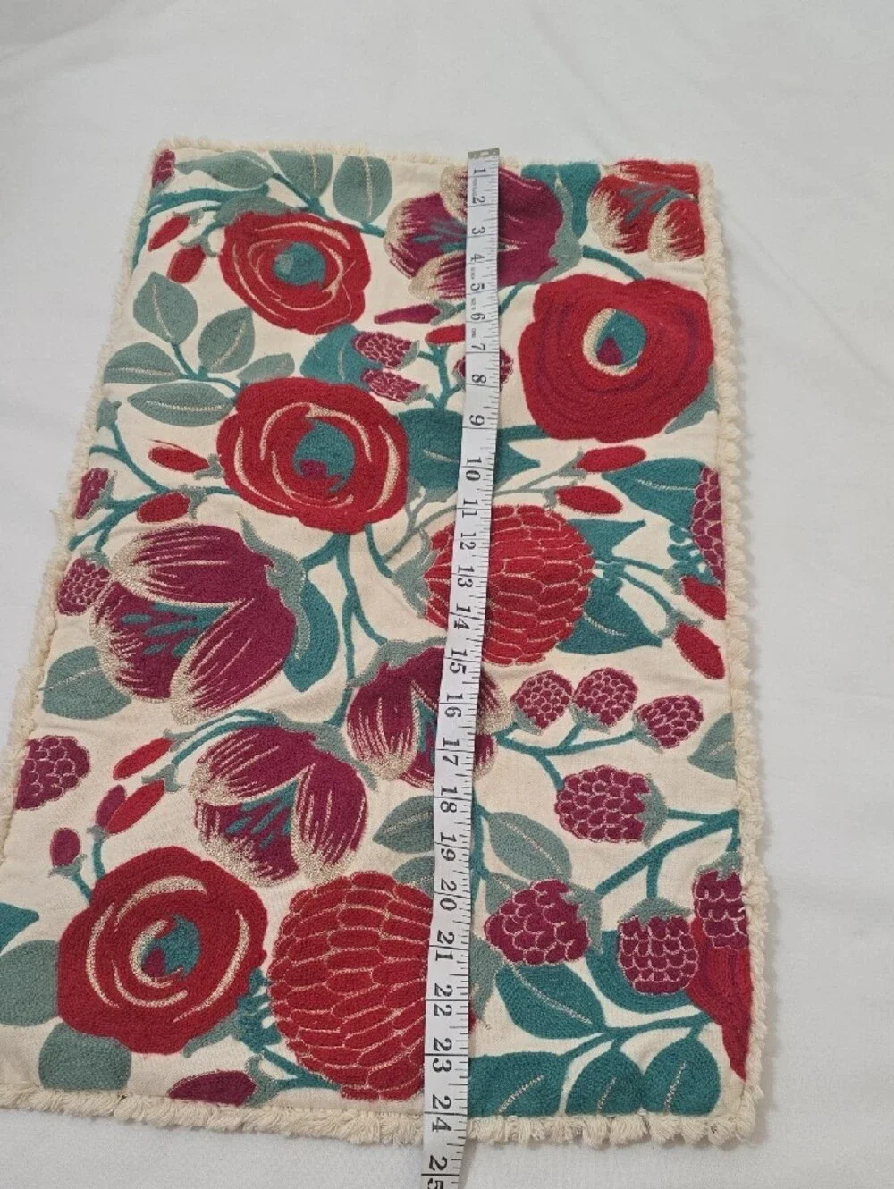 Envogue Floral Embroidered Cream Pillow Case with Teal and Red Accents